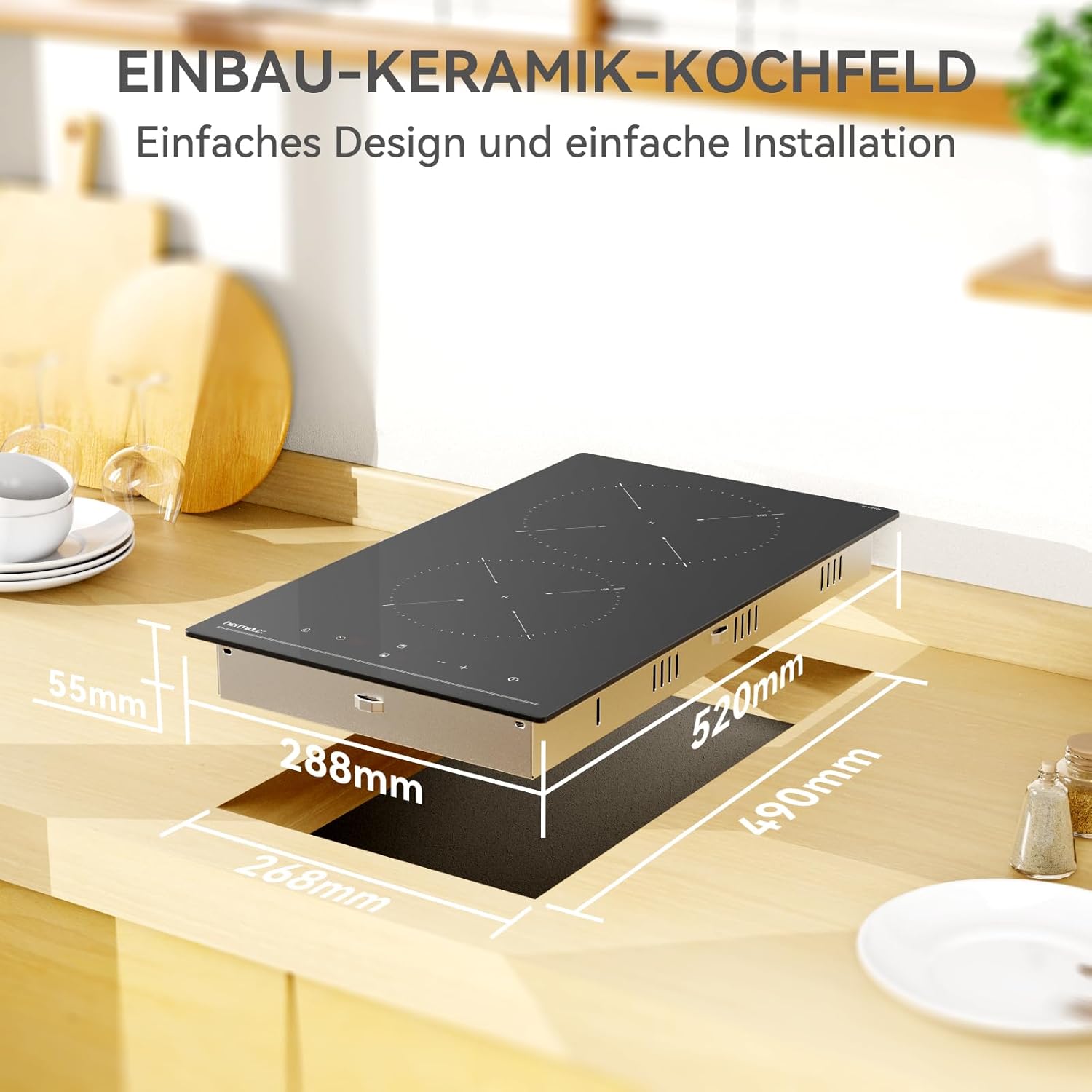 Hermitlux Domino Glaskeramikkochfeld,Eingebaut 29 cm schwarz Glaskeramik elektrisches Kochfeld,9 Leistungsstufen,Sensor-Touch-Steuerung, Kindersicherung, 1-99 Minuten-Timer,Geeignet für Alle Tpfe