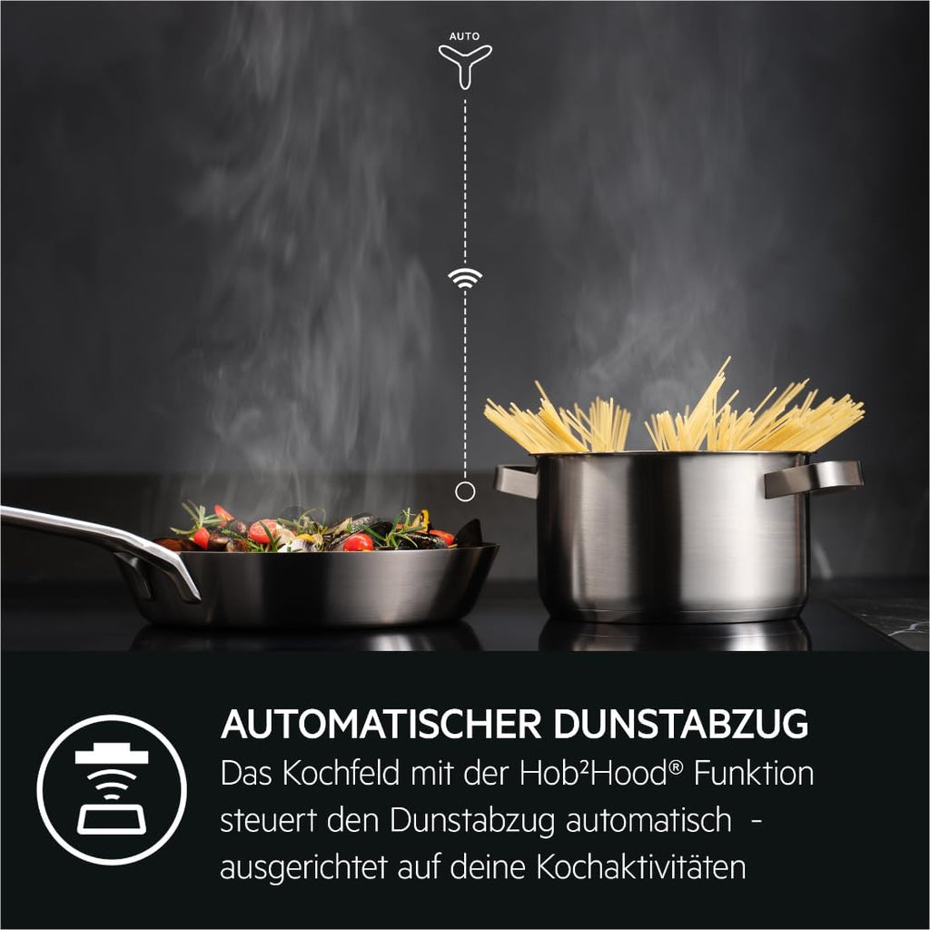 AEG piano cottura a induzione autonomo 80cm con cappa integrata / Prodotto in Germania / 4 zone cottura Flexi con funzione Bridge (combinazione di 2 zone) / Funzione automatica della cappa / Filtro a carbone attivo / COLI84COXB