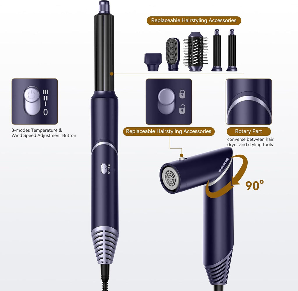 UKLISS 7 in 1 Pro Airstyler & Ionen Föhn [110,000RPM] High-speed Haartrockner Ionen Hair Dryer, mit Heißluft Lockenwickler Thermal Brush Haarglätterbürste Warmluftbürste Föhnbürste, 1200W/Blau
