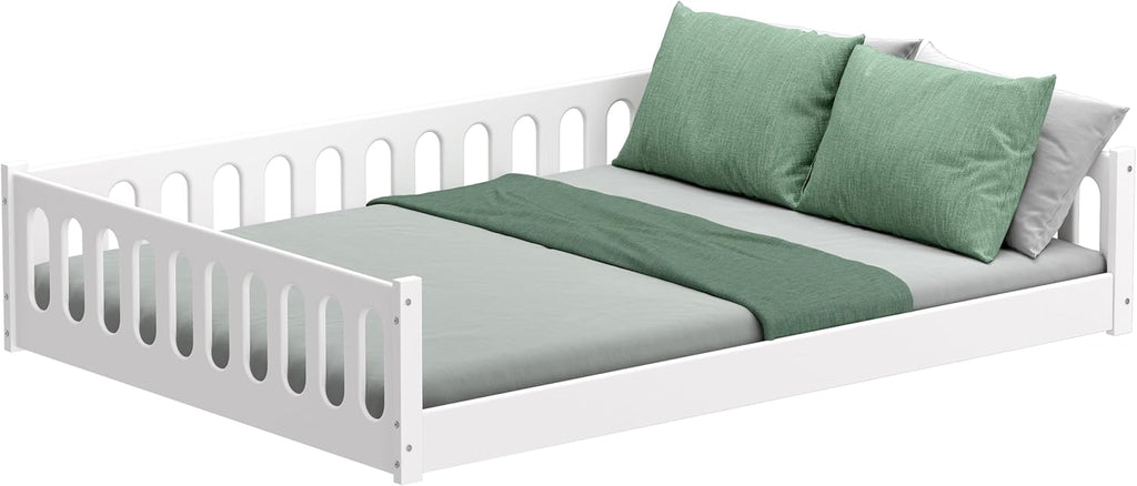CADANI Monte Letto a terra 2in1 140x200 cm Lettino Montessori con sponda di protezione rimovibile - bianco, 46 kg, portata fino a 200 kg, rete a doghe arrotolabile extra robusta, trasformabile