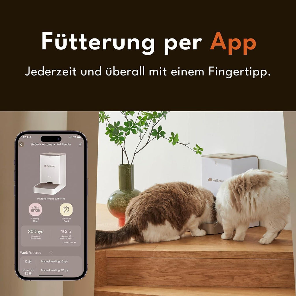 Snow+ Distributore Automatico di Cibo per Gatti, 4L Dispenser Automatico di Cibo per Gatti e Cani, Dispenser Automatico di Cibo per Gatti WiFi con Controllo APP, Doppia Alimentazione, Blocco a 3 Freschezza, 1-10 Pasti/Giorno
