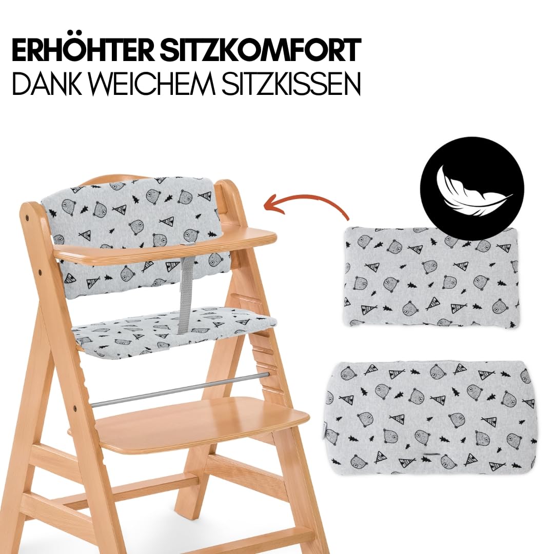 hauck Alpha Plus Newborn Set mit Premium Bouncer Dark Grey - Baby Holz Hochstuhl ab Geburt mit Liegefunktion - extra flacher Aufsatz für Neugeborene & Baumwoll Sitzpolster - Grau