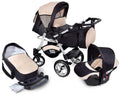 GaGaDumi Urbano 3 in 1 Kombikinderwagen Kinderwagen mit Autositz Komplettset incl Babyschale Buggy Wickeltasche Regenschutz Moskitonetz Voll-Gummireifen Beige/Schwarz