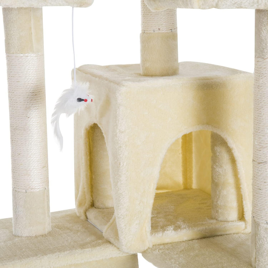 PawHut Katzenbaum mit Laufrad 4-Stock Kratzbaum Katzenhaus mit Sisalsäulen Katzenhöhle Kiefernholz Natur 80 x 50 x 143 cm