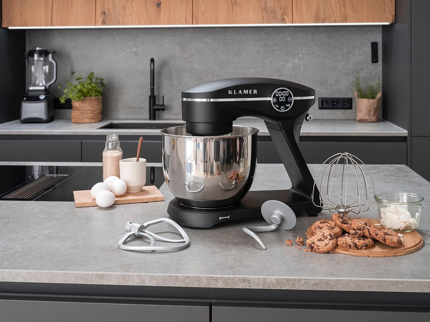 Impastatrice Planetaria KLAMER 1800W, con Ciotola in Acciaio Inossidabile da 6 Litri, 10 Velocità con Timer, Frusta a Filo, Gancio Impastatore, Frusta Piatta e Paraspruzzi