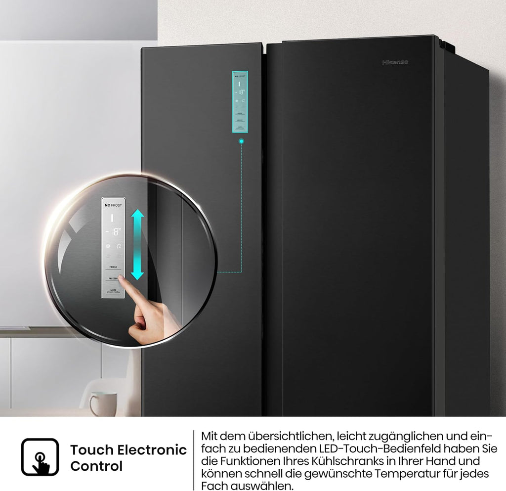 Hisense RS677N4BFD Frigorifero Americano Side by Side / Compressore Inverter / Porta Bottiglie / 2 FreshZone / Vano Verdure / Capacità Frigo 334 L / Capacità Congelatore 185 L / 41 dB / 247 kWh all'anno, Nero