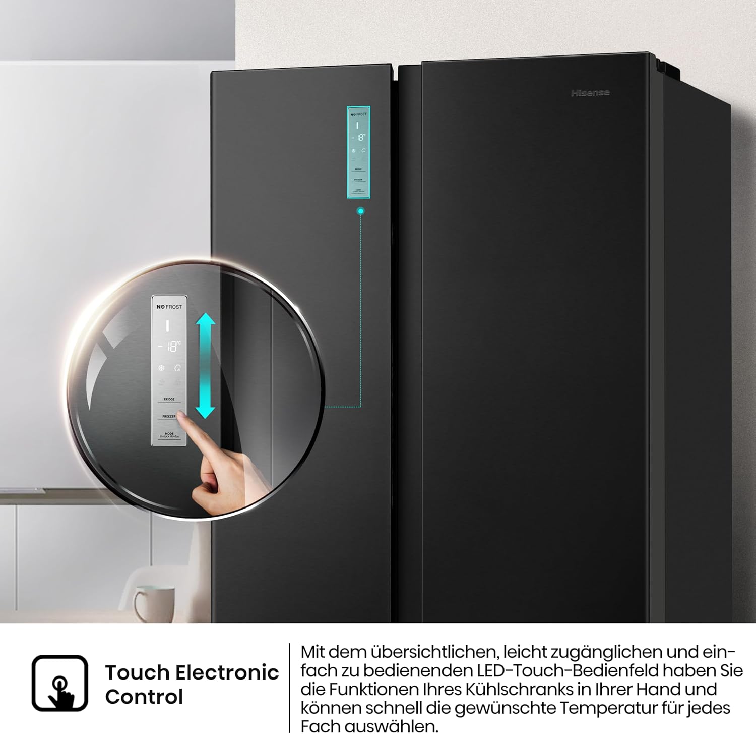 Hisense RS677N4BFD Frigorifero Americano Side by Side / Compressore Inverter / Porta Bottiglie / 2 FreshZone / Vano Verdure / Capacità Frigo 334 L / Capacità Congelatore 185 L / 41 dB / 247 kWh all'anno, Nero