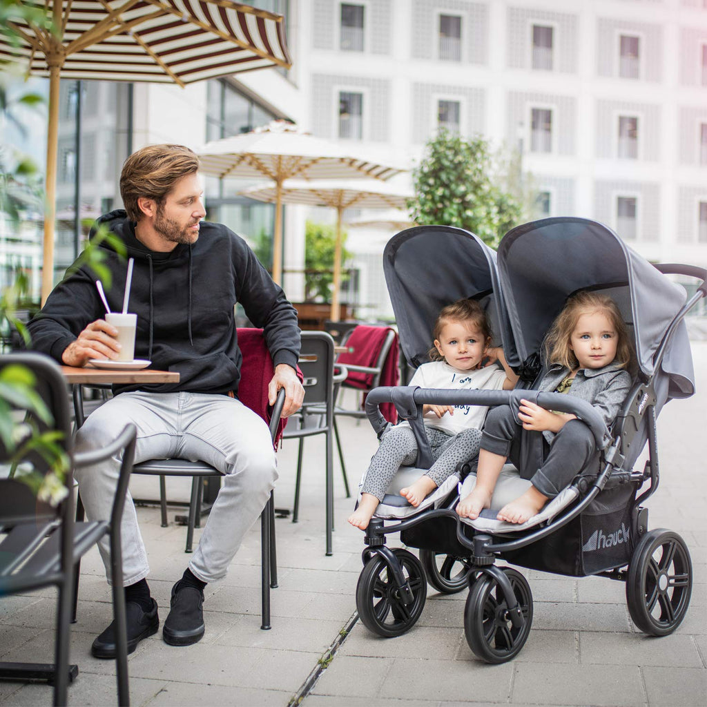 hauck Passeggino Gemellare Roadster Duo SLX, da Nascita a 15 kg (circa 3 anni) con Funzione Reclinabile, Cestino XL, Pieghevole Facile e Compatto, Ruote Grandi (Grigio/Argento)