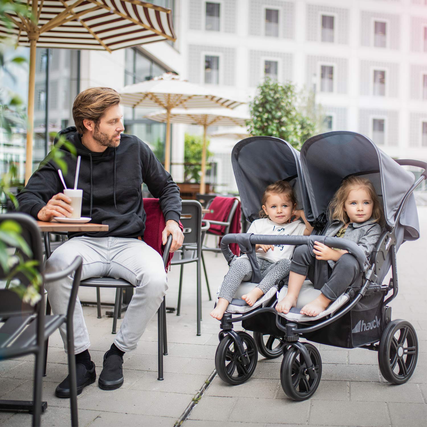 hauck Passeggino Gemellare Roadster Duo SLX, da Nascita a 15 kg (circa 3 anni) con Funzione Reclinabile, Cestino XL, Pieghevole Facile e Compatto, Ruote Grandi (Grigio/Argento)