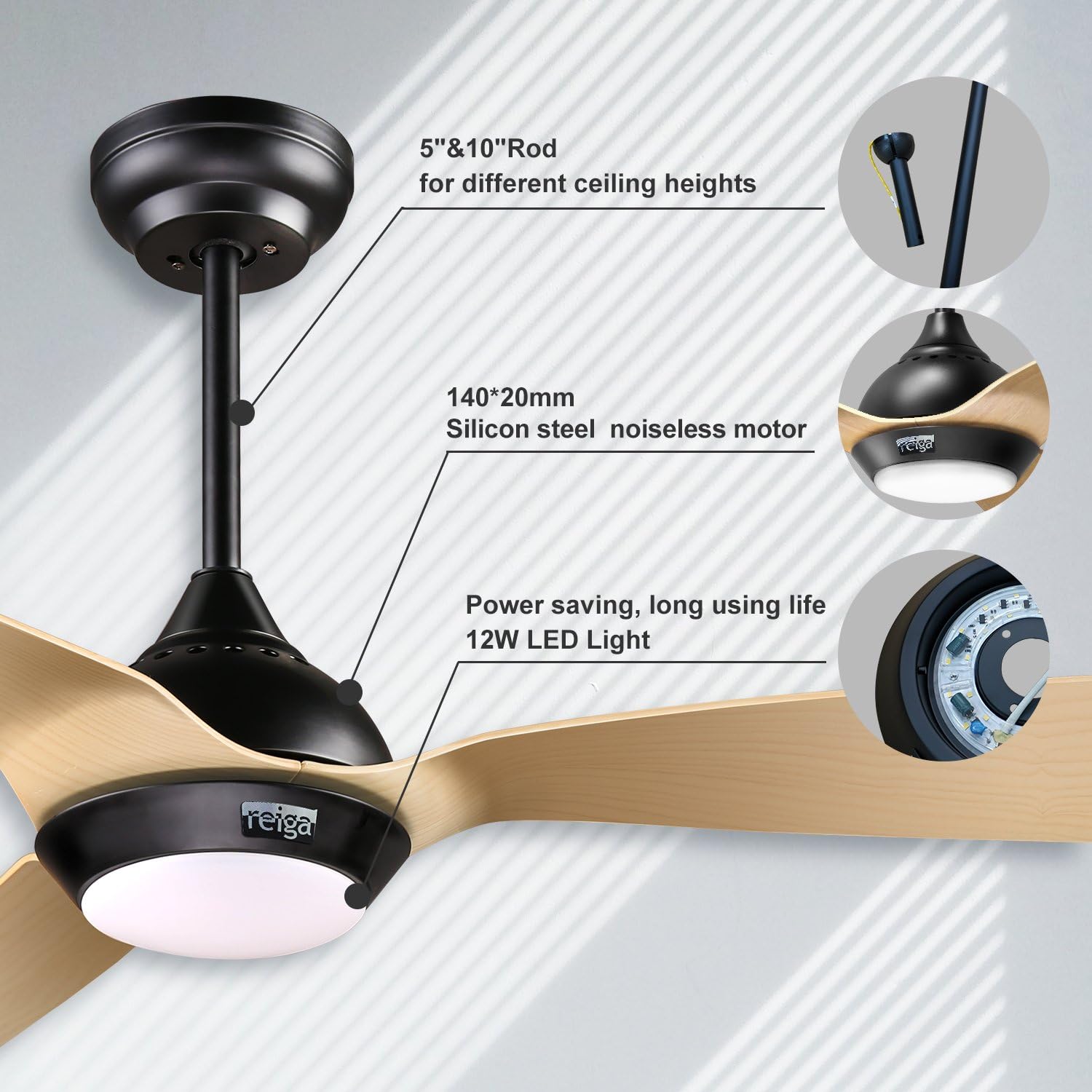 reiga Ventilatore da soffitto WiFi 132 CM con illuminazione a LED dimmerabile e telecomando, 3 temperature di colore, motore DC 6 velocità, compatibile con l'App Alexa Google Home, legno e marrone