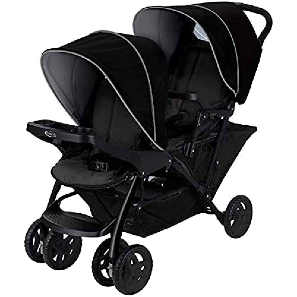 Graco Stadium Duo Passeggino Gemellare, 0-15 kg, utilizzabile anche con seggiolino auto, schienali reclinabili, pieghevole, sta in piedi da solo, ampio cestello portaoggetti, include vassoi portaoggetti, Titanium
