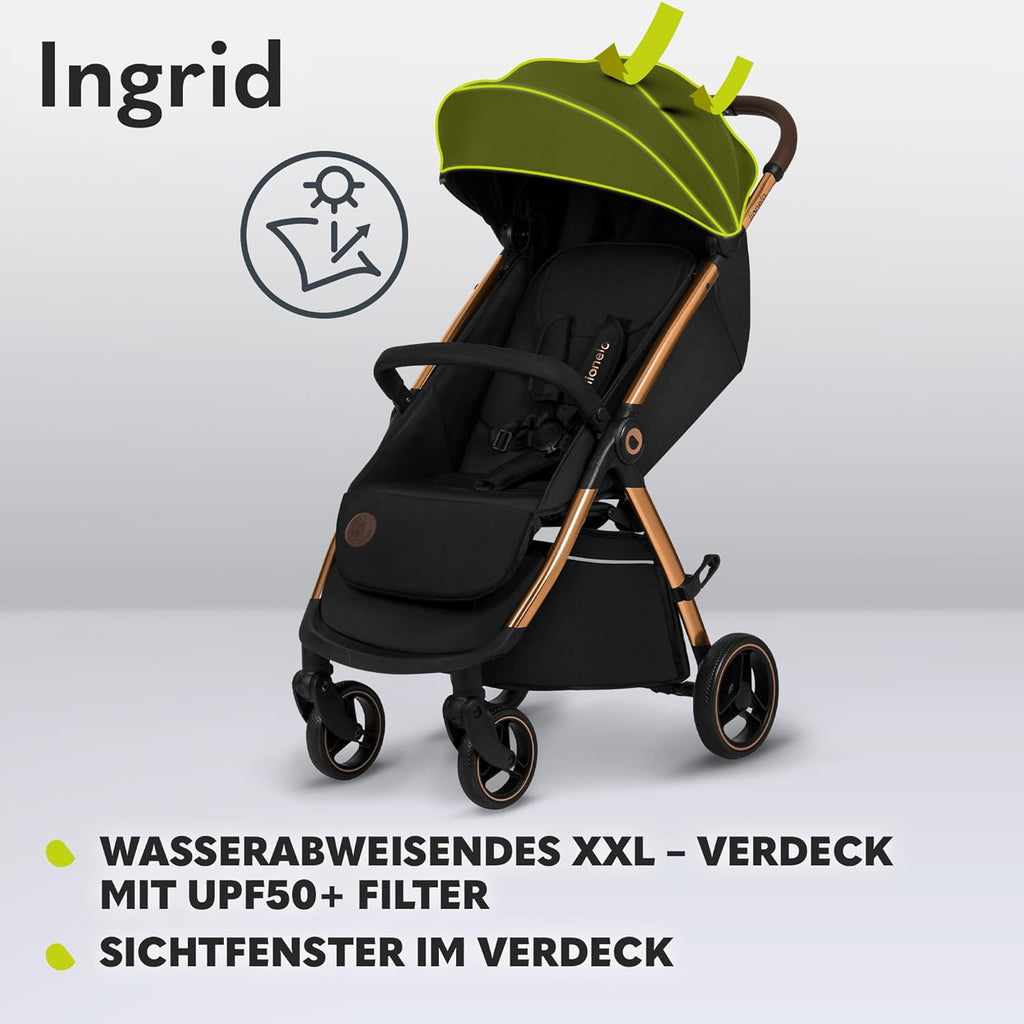 LIONELO INGRID Kinderwagen bis 22 kg von 6 Monaten bis 4 Jahren Große 360° schwenkbare Räder Volle Federung Einhändig zusammenklappbar Verstellbare Rückenlehne und Fußstütze Großes XXL-Verdeck