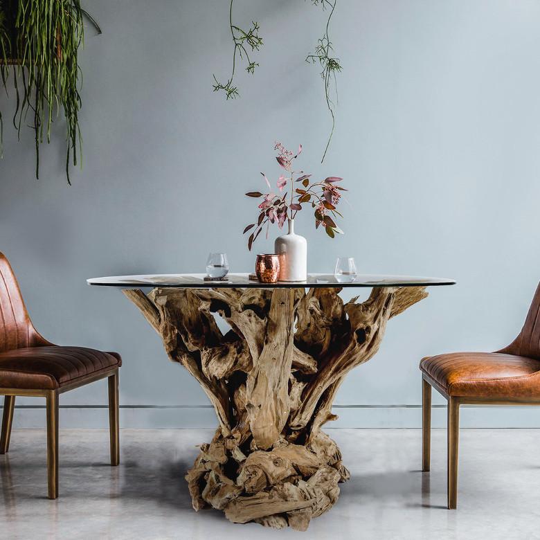 TAMBORA Wurzel Esstisch Glasplatte  120 cm