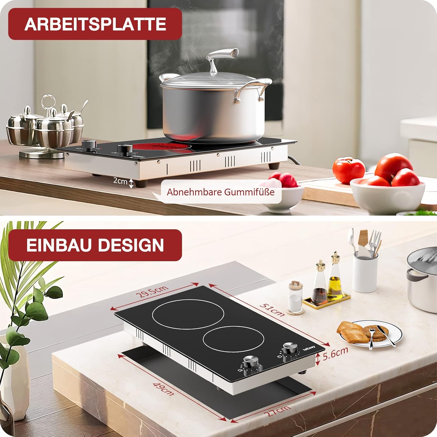 IsEasy 4 Zonen Einbau Induktionskochfeld mit 9 Leistungsstufen &1-99Min Timer, Boost-Funktion, Induktionskochplatte, Induktion Herdplatte mit 4 Platten, 60cm, 6800W, Schwarz