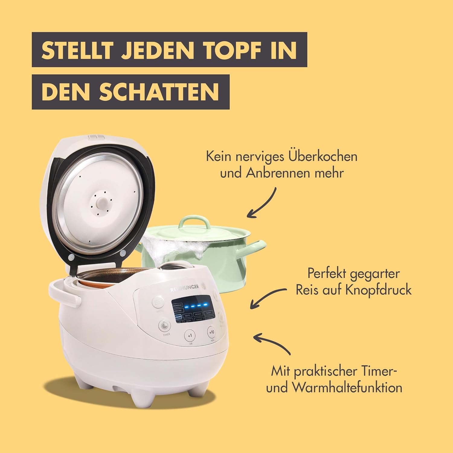 REISHUNGER Cuociriso digitale piccolo, nero | Da 0,6 L fino a 3 persone | Funzione mantenimento calore, timer e pentola premium | Multicooker e vaporiera piccoli, 8 programmi, tecnologia a 7 fasi