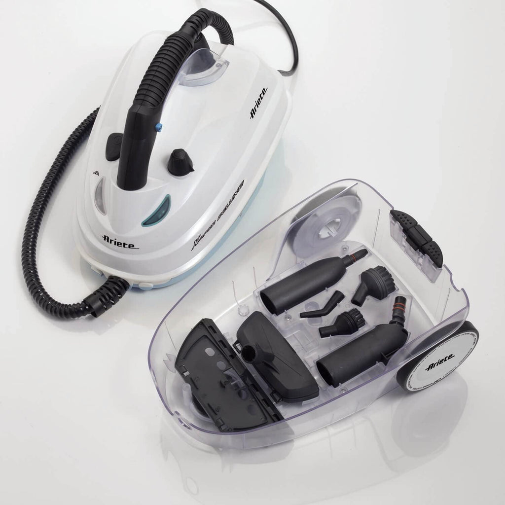 Ariete 4146 XVapor Deluxe Pulitore a Vapore con Ruote, 5 bar, Vano Porta Accessori Integrato, Autonomia fino a 55 Minuti, Cavo da 6 m, Bianco