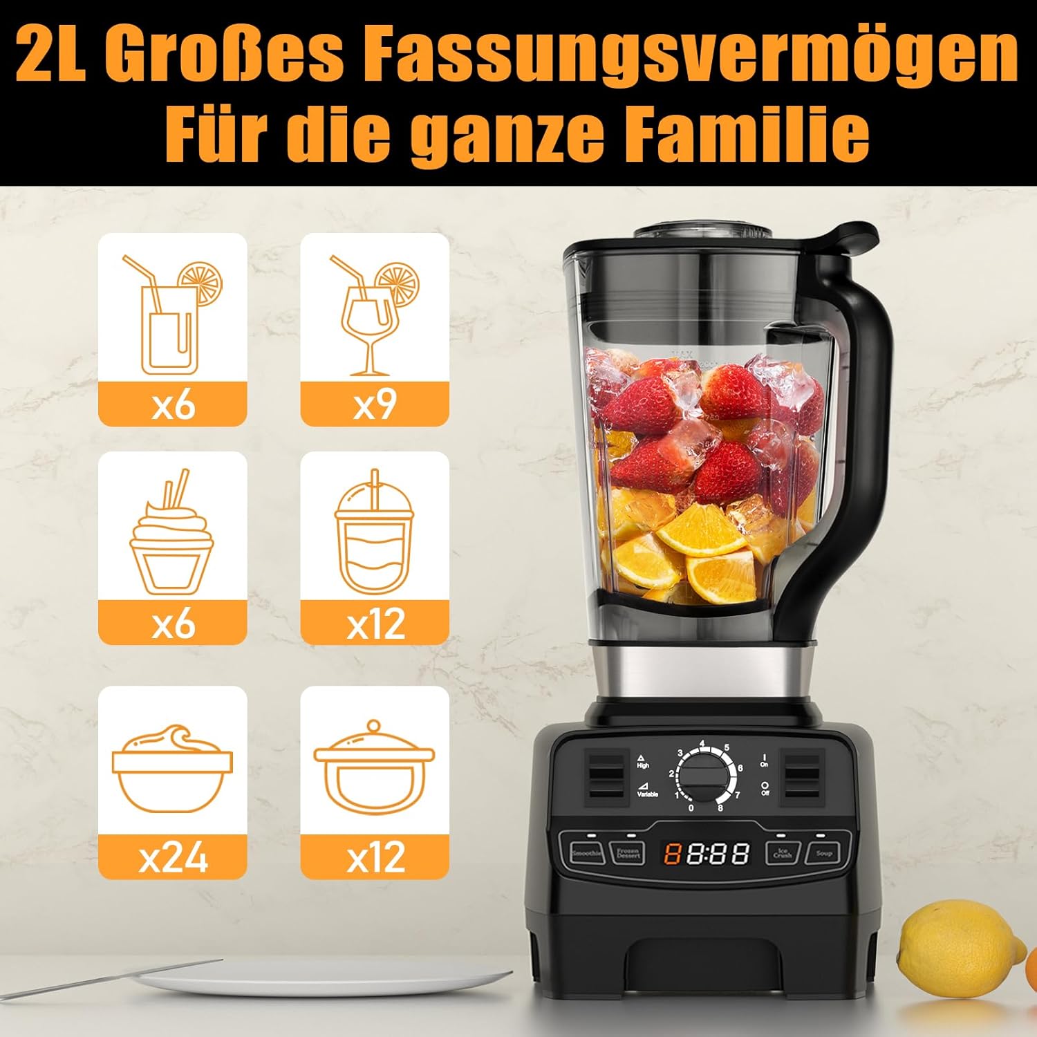 Enfmay Frullatore per Smoothie, Mixer ad Alta Potenza da 2000W con 4 Programmi, 8 Velocità, Display LCD del Tempo, Frullatore da Tavolo da 33000 Giri/min con Contenitore in Tritan da 2L Senza BPA, per Smoothie/Zuppe/Dessert
