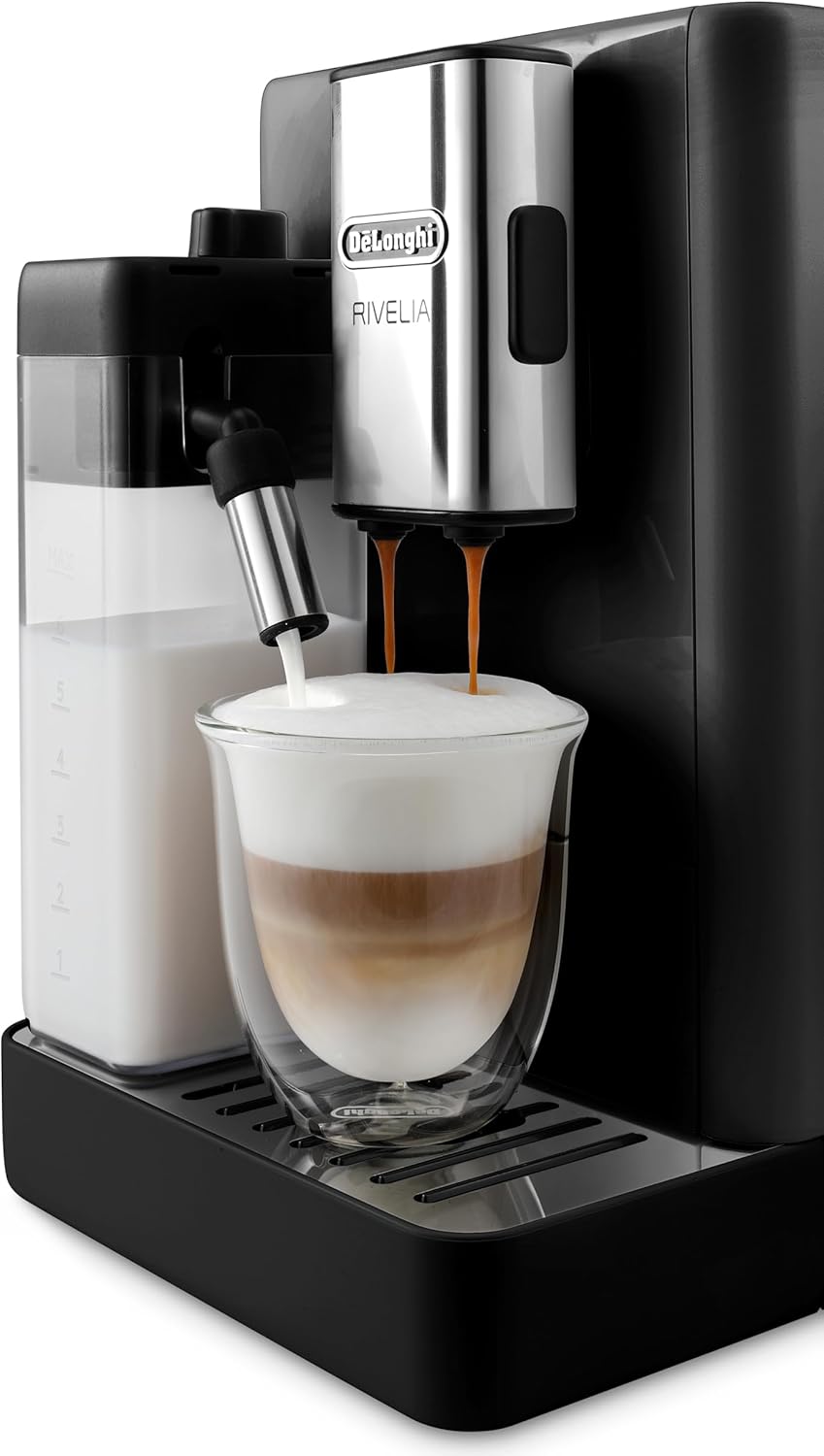 De'Longhi Rivelia EXAM440.35.BG Macchina da caffè automatica con lancia vapore, contenitore chicchi intercambiabile, 8 bevande a base di caffè one-touch, funzione Extra Shot, display touch da 3,5 pollici, Beige