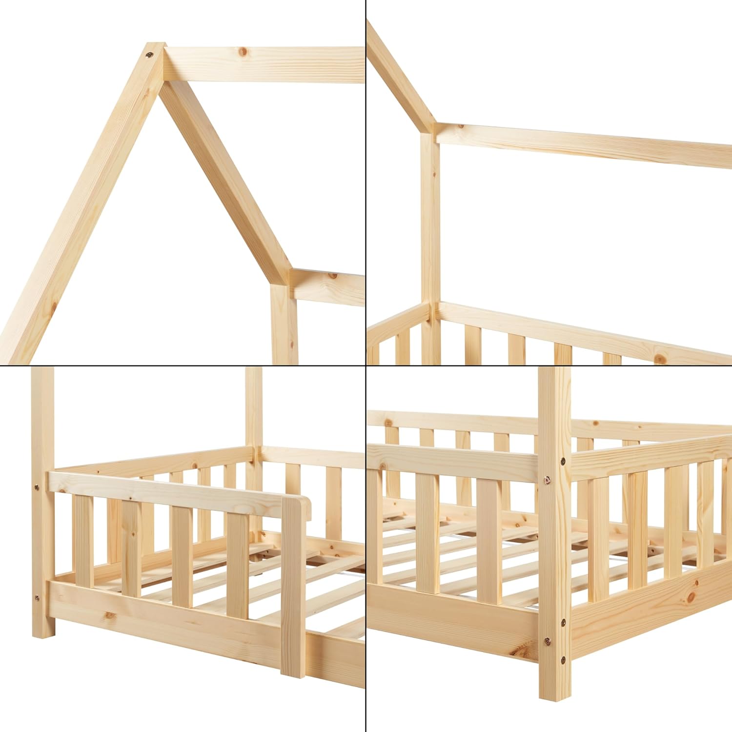[en.casa] Letto per bambini Sisimiut a capanna 80 x 160 cm con protezione anticaduta letto in legno per bambini letto a terra rete a doghe in legno di pino Bianco opaco