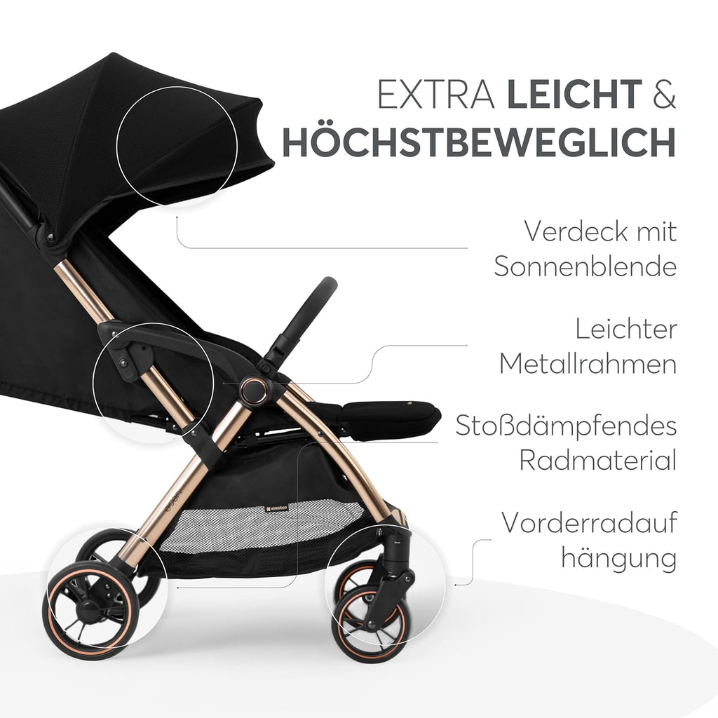 KikkaBoo EDEN Passeggino, passeggino fino a 22 kg, chiusura automatica, posizione reclinata, ultraleggero, compatto, nero