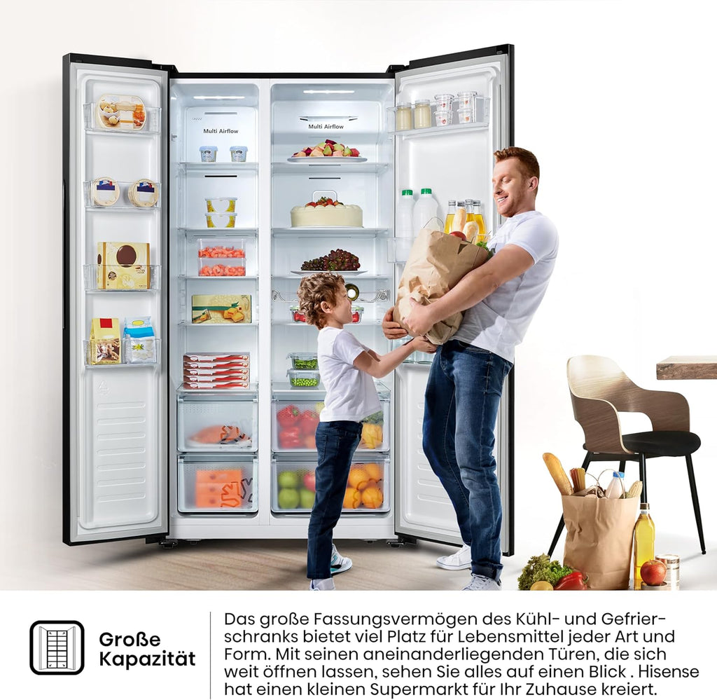 Hisense RS677N4BFD Frigorifero Americano Side by Side / Compressore Inverter / Porta Bottiglie / 2 FreshZone / Vano Verdure / Capacità Frigo 334 L / Capacità Congelatore 185 L / 41 dB / 247 kWh all'anno, Nero