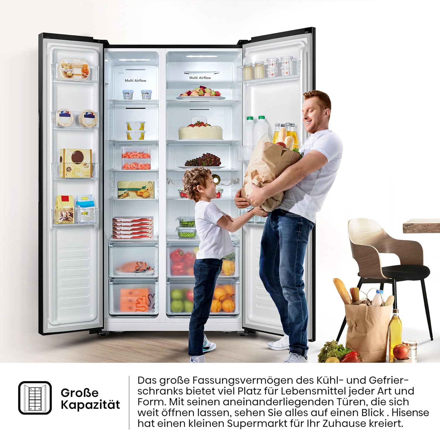 Hisense RS677N4BFD Frigorifero Americano Side by Side / Compressore Inverter / Porta Bottiglie / 2 FreshZone / Vano Verdure / Capacità Frigo 334 L / Capacità Congelatore 185 L / 41 dB / 247 kWh all'anno, Nero