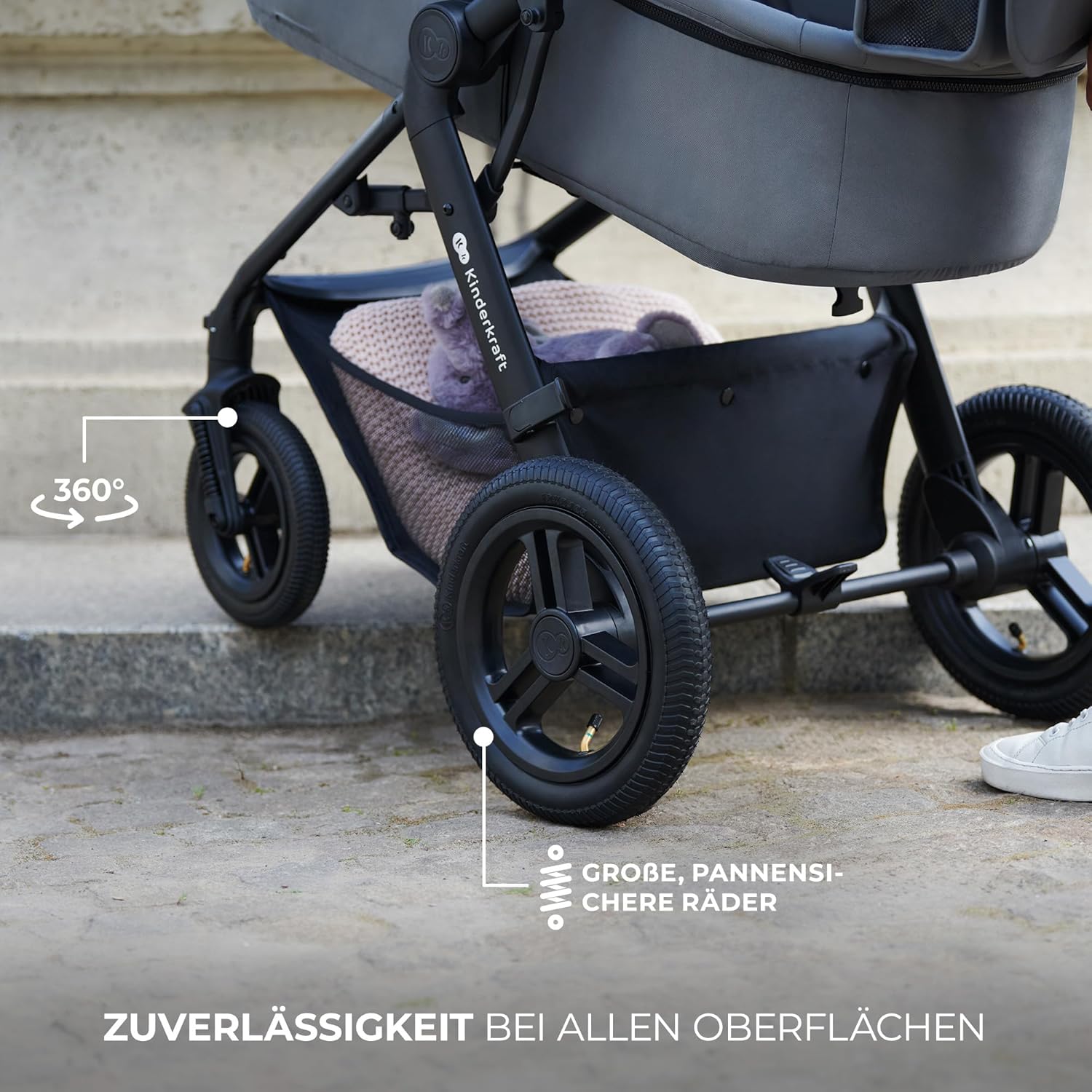 Kinderkraft MOOV2 AIR Passeggino 3 in 1, Set da 26 kg con seggiolino auto I-SIZE 40-75 cm, funzione passeggino, schienale reclinabile, ampia cappottina estensibile, ruote gonfiabili, grigio
