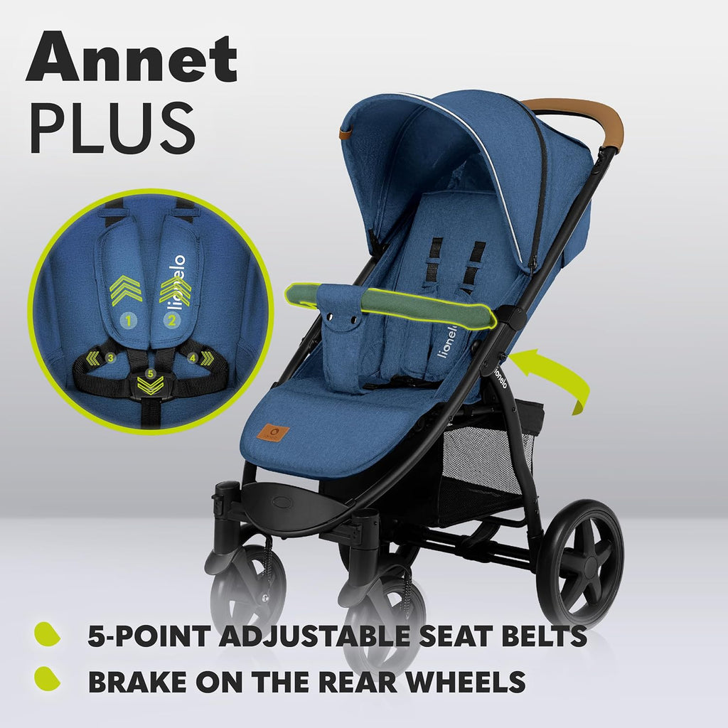 LIONELO Annet Tour Kinderwagen bis 22 kg, verstellbarer Griff, zusammenklappbar, verstellbare Rückenlehne bis zur Liegeposition, wartungsfreie Räder, XXL-Verdeck, 5-Punkt-Gurt, Einkaufskorb