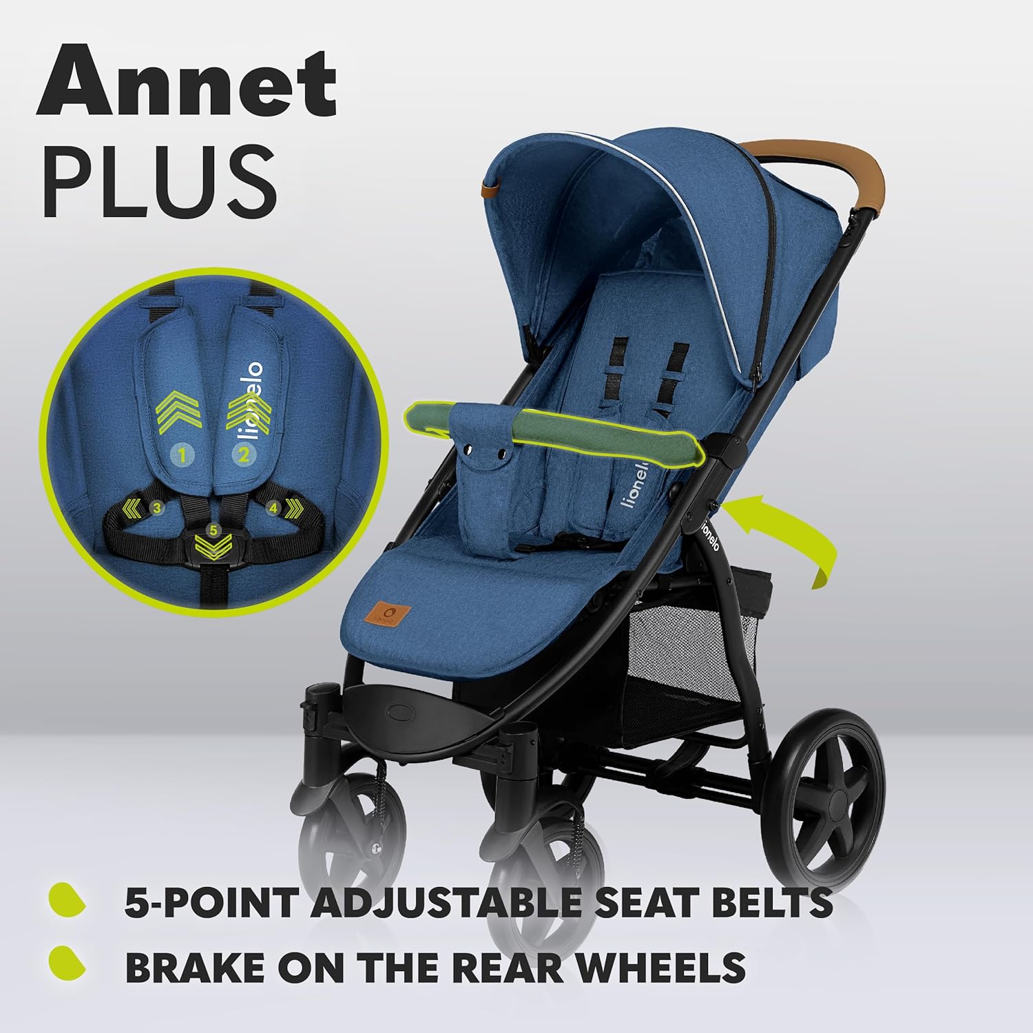 LIONELO Annet Tour Kinderwagen bis 22 kg, verstellbarer Griff, zusammenklappbar, verstellbare Rückenlehne bis zur Liegeposition, wartungsfreie Räder, XXL-Verdeck, 5-Punkt-Gurt, Einkaufskorb