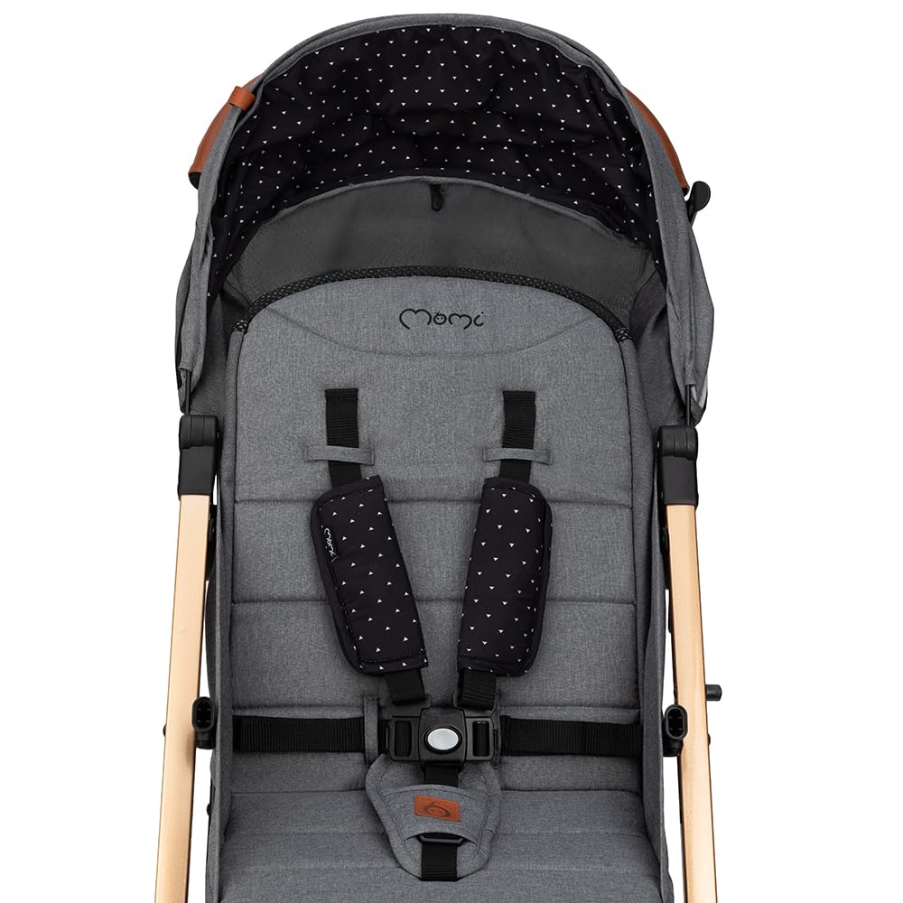 MOMI ESTELLE Kinderwagen für Kinder ab 6 Monat bis zu max körpergewicht von 15 kg, klappbar auf die Maße 65 x 51 x 21 cm, gewicht 7,5 kg, 5-Punkt-Sicherheitsgurt, koffer, grau-gold, Räder 6''/6,5''