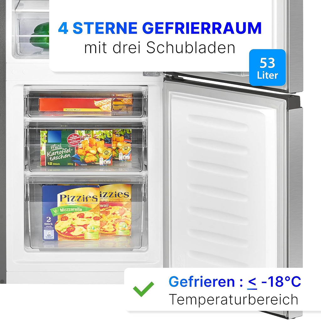 Bomann® Frigorifero con congelatore alto 143cm | Combinazione frigo-congelatore 175L con 3 ripiani e 3 cassetti | Porta reversibile | Combinazione frigo-congelatore silenziosa 39dB | Frigorifero KG 322.1 acciaio inox-look