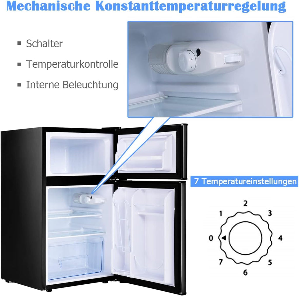 GOPLUS Frigorifero con congelatore - Combinazione frigo-congelatore / Capacità totale 90L, vano congelatore 27L / Termostato regolabile / Illuminazione interna a LED / Cerniera porta reversibile (Bianco)