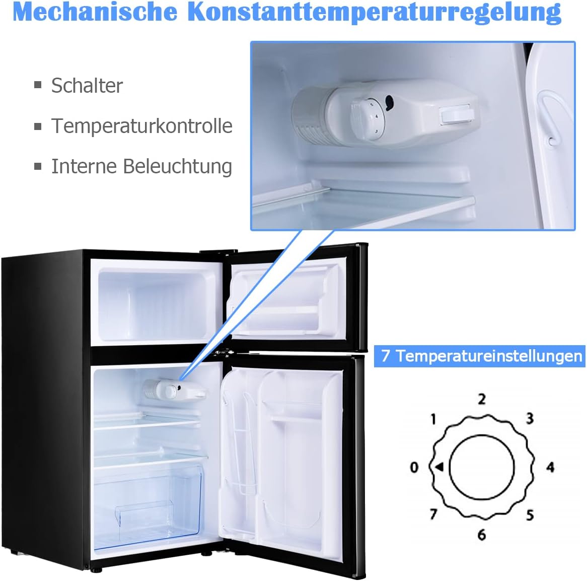 GOPLUS Frigorifero con congelatore - Combinazione frigo-congelatore / Capacità totale 90L, vano congelatore 27L / Termostato regolabile / Illuminazione interna a LED / Cerniera porta reversibile (Bianco)