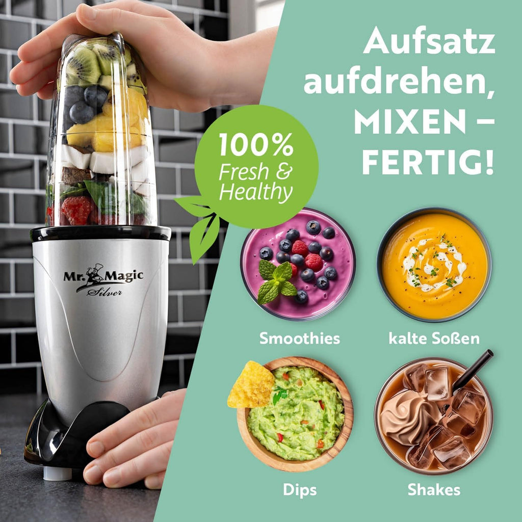 GOURMETmaxx Frullatore per Smoothie e Frullatore a Immersione Set da 18 pezzi - 400W | Frullatore Elettrico da 750ml, Mixer con 4 Bicchiere To-Go, 2 Lame, Spremiagrumi, Piedistallo e Coperchio | Lavabile in Lavastoviglie, a Prova di Perdite e Senza BPA