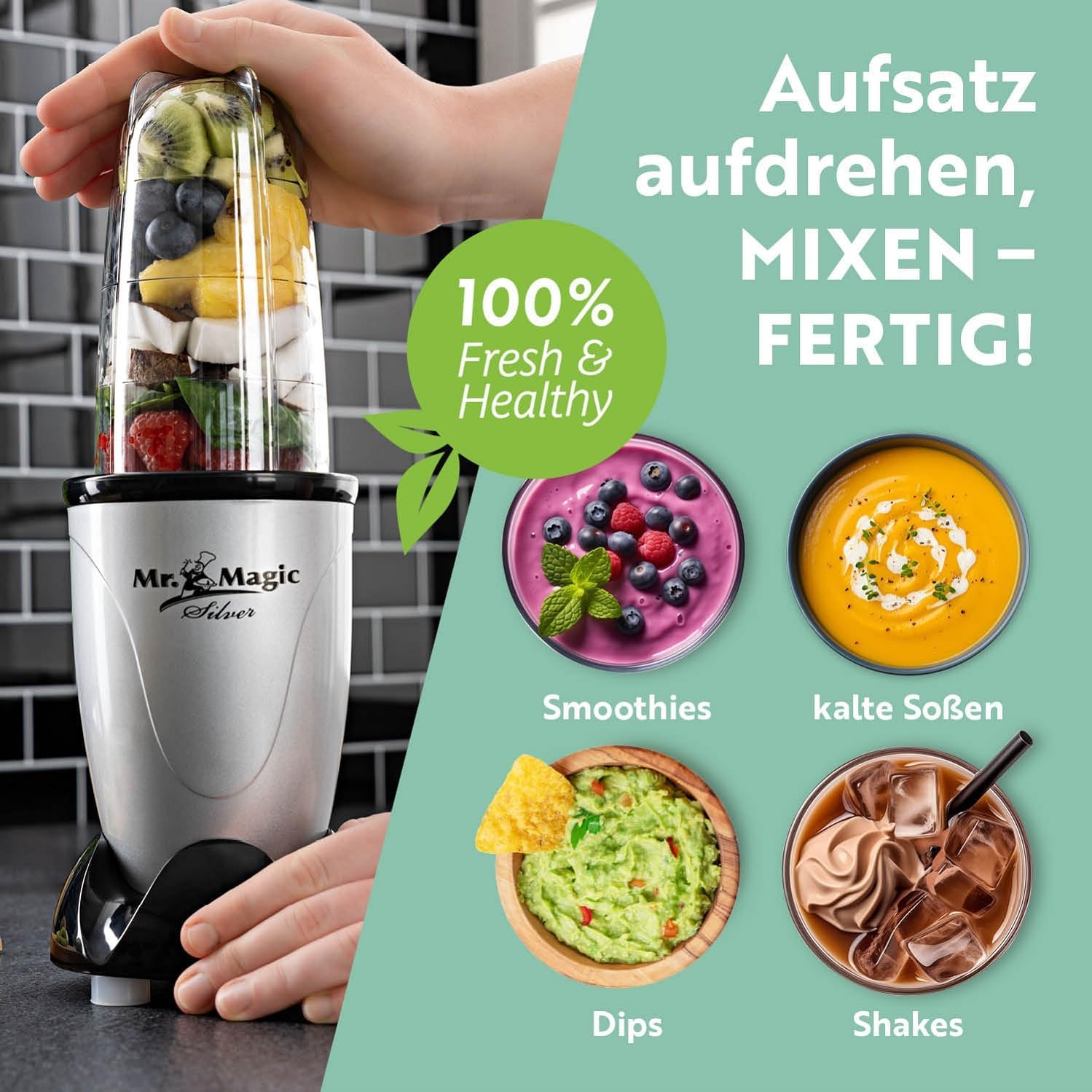 GOURMETmaxx Frullatore per Smoothie e Frullatore a Immersione Set da 18 pezzi - 400W | Frullatore Elettrico da 750ml, Mixer con 4 Bicchiere To-Go, 2 Lame, Spremiagrumi, Piedistallo e Coperchio | Lavabile in Lavastoviglie, a Prova di Perdite e Senza BPA