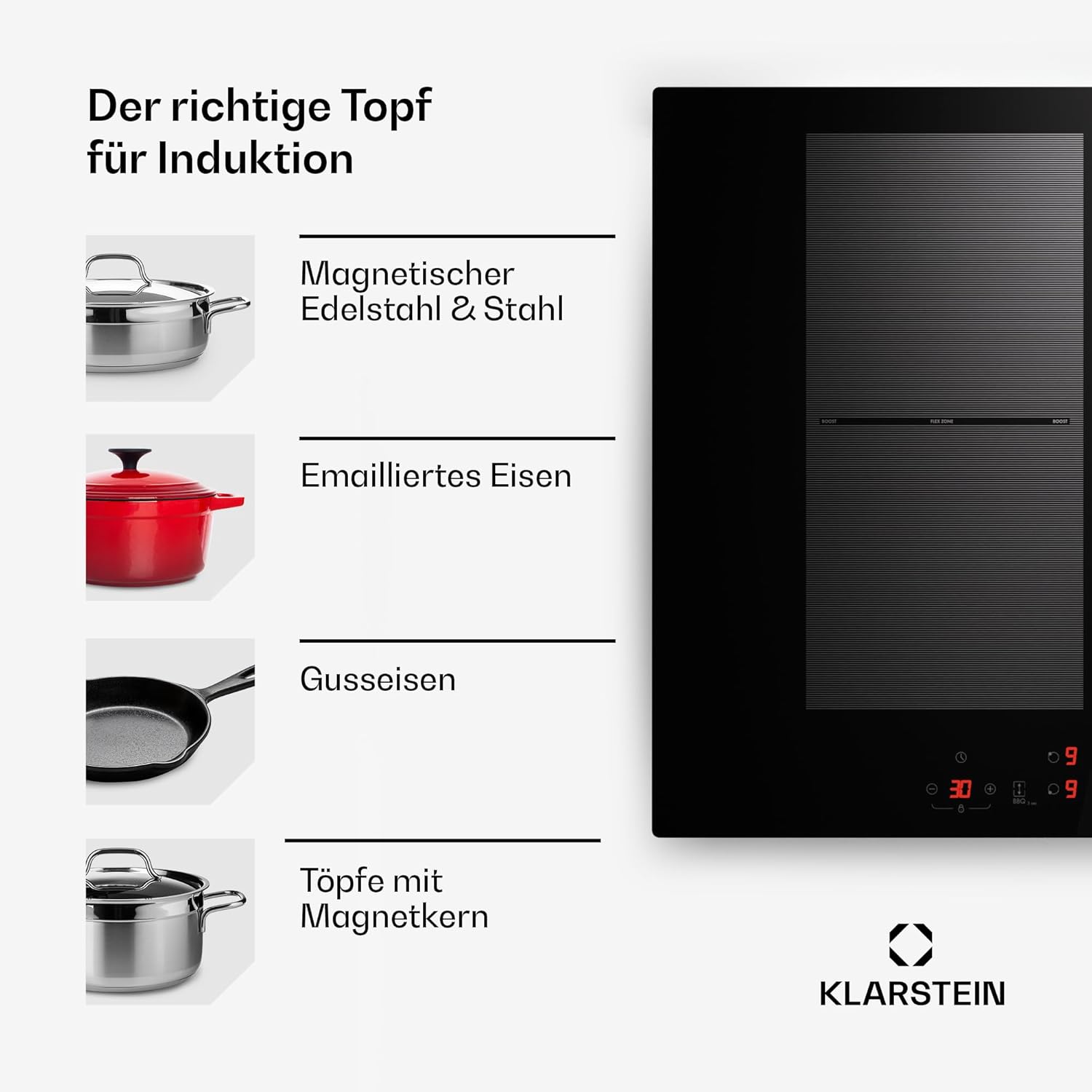 Klarstein Piano Cottura a Induzione, Piano Cottura in Vetroceramica, con 4 Piastre, Incasso con Display Touch, Display Digitale e Funzione Timer, Riscaldamento Veloce, 7000 Watt