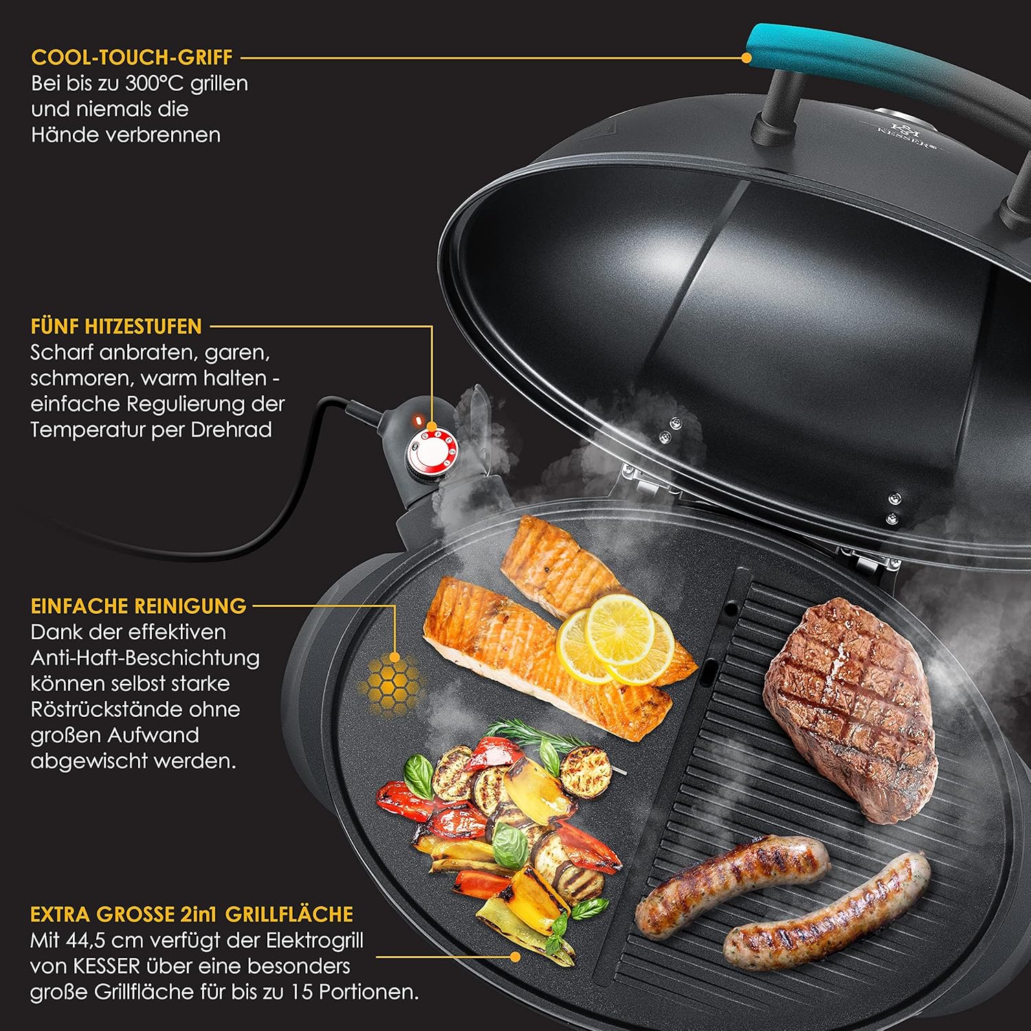 KESSER® Barbecue elettrico 2 in 1 da tavolo e da terra con coperchio, base, termometro max. 2400 Watt, piastra antiaderente XXL, ripiano, barbecue elettrico a colonna, set per barbecue incluso