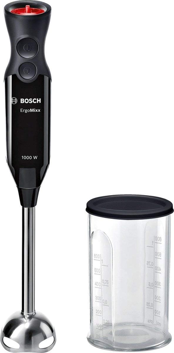 Bosch Frullatore a immersione ErgoMaster Serie 4, 1000 Watt, Piede in acciaio inox, Tritatutto, Bicchiere graduato, nero