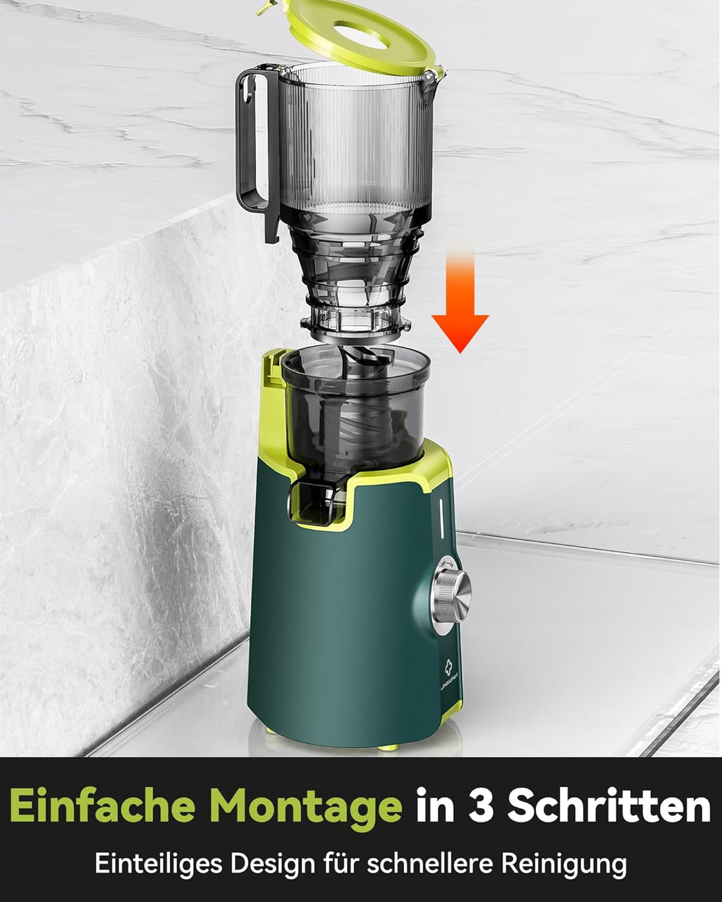 LINKChef Schnellreinigungs Entsafter, NO-Prep Entsafter Gemüse und Obst, Blitzreiniger Saftpresse Slow Juicer Testsieger mit Einfacher Installation, BPA Frei, 115mm, 1.2L, 200w Schwarz