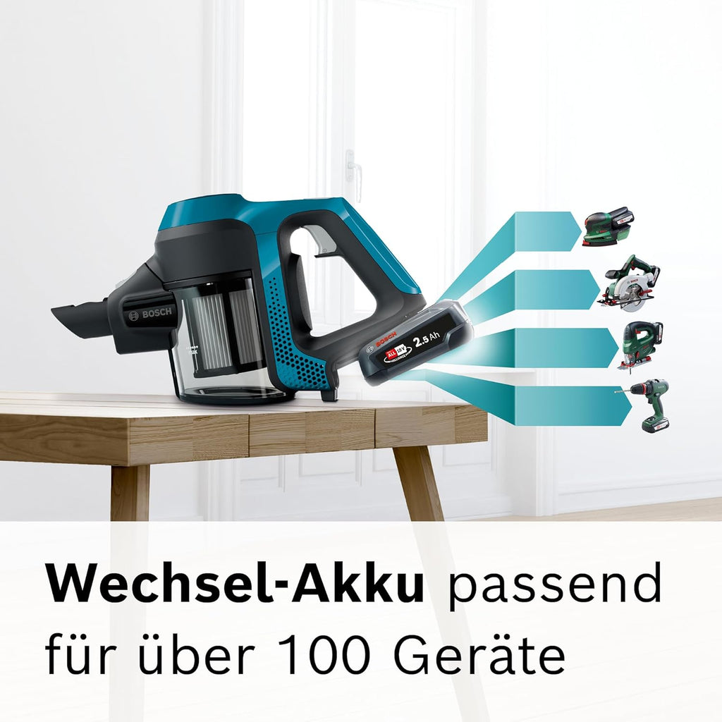 Bosch Akku-Staubsauger Unlimited Serie 6 BKS6111P, aspirapolvere senza fili, senza sacco, leggero, filtro igienico, elevata potenza di aspirazione, lunga autonomia, bocchetta per fessure, tutti i tipi di pavimento, blu