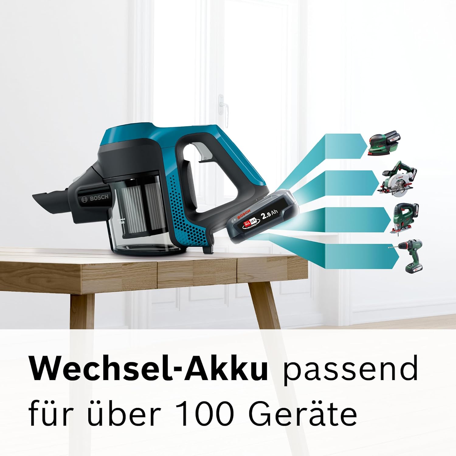 Bosch Akku-Staubsauger Unlimited Serie 6 BKS6111P, aspirapolvere senza fili, senza sacco, leggero, filtro igienico, elevata potenza di aspirazione, lunga autonomia, bocchetta per fessure, tutti i tipi di pavimento, blu