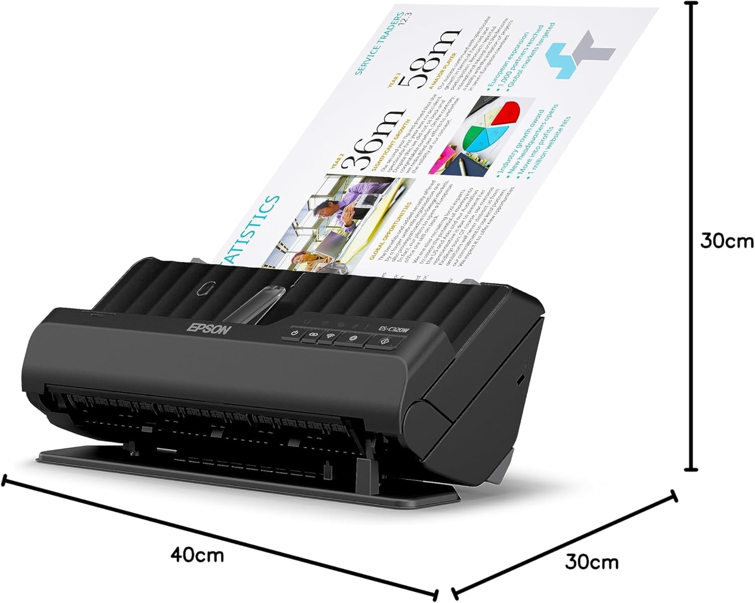 Scanner Wi-Fi Epson ES-C320W, scanner aziendale compatto A4 a basso consumo energetico, scanner a doppia alimentazione con gestione versatile dei supporti, nero