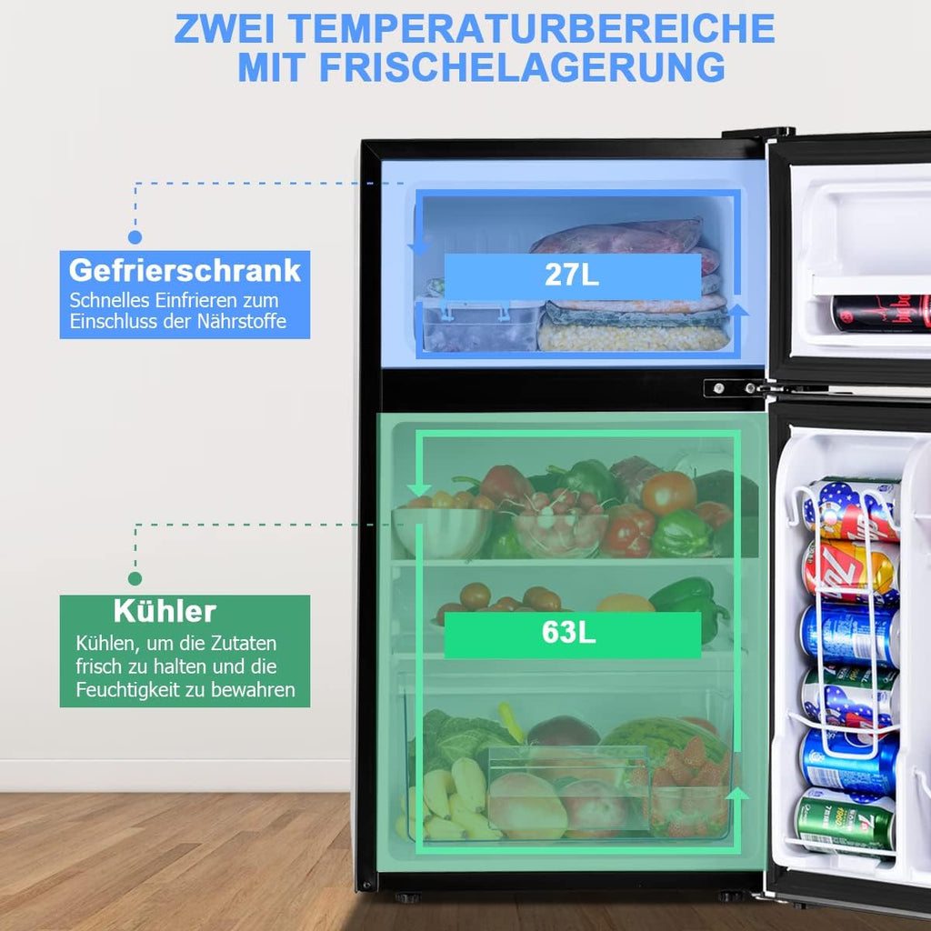 GOPLUS Frigorifero con congelatore - Combinazione frigo-congelatore / Capacità totale 90L, vano congelatore 27L / Termostato regolabile / Illuminazione interna a LED / Cerniera porta reversibile (Bianco)