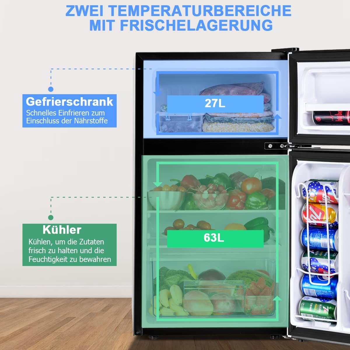 GOPLUS Frigorifero con congelatore - Combinazione frigo-congelatore / Capacità totale 90L, vano congelatore 27L / Termostato regolabile / Illuminazione interna a LED / Cerniera porta reversibile (Bianco)