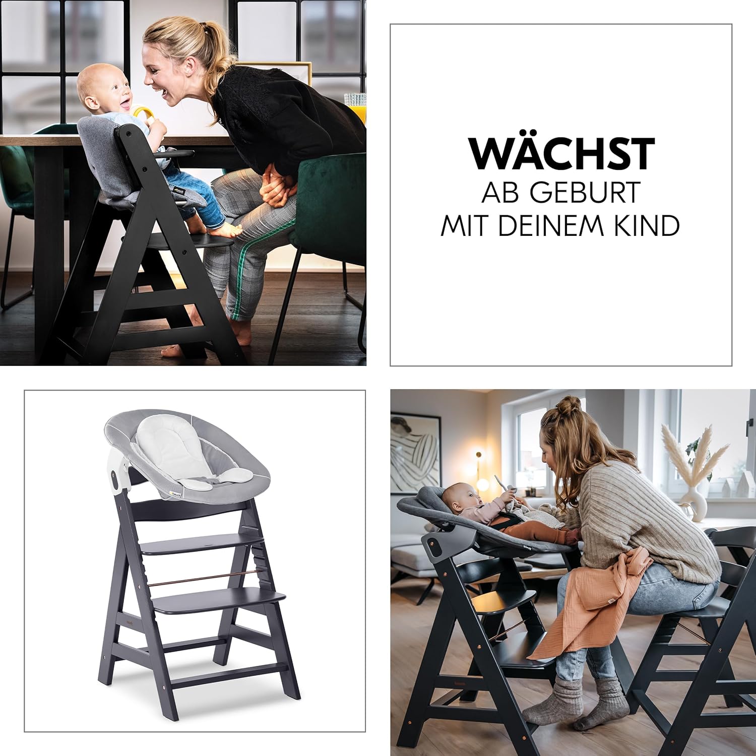 hauck Hochstuhl Alpha Plus Newborn Set mit 2in1 Bouncer - Mitwachsender Holz Babyhochstuhl ab Geburt, inkl. Sitzauflage & Neugeborenenaufsatz - Dark Grey
