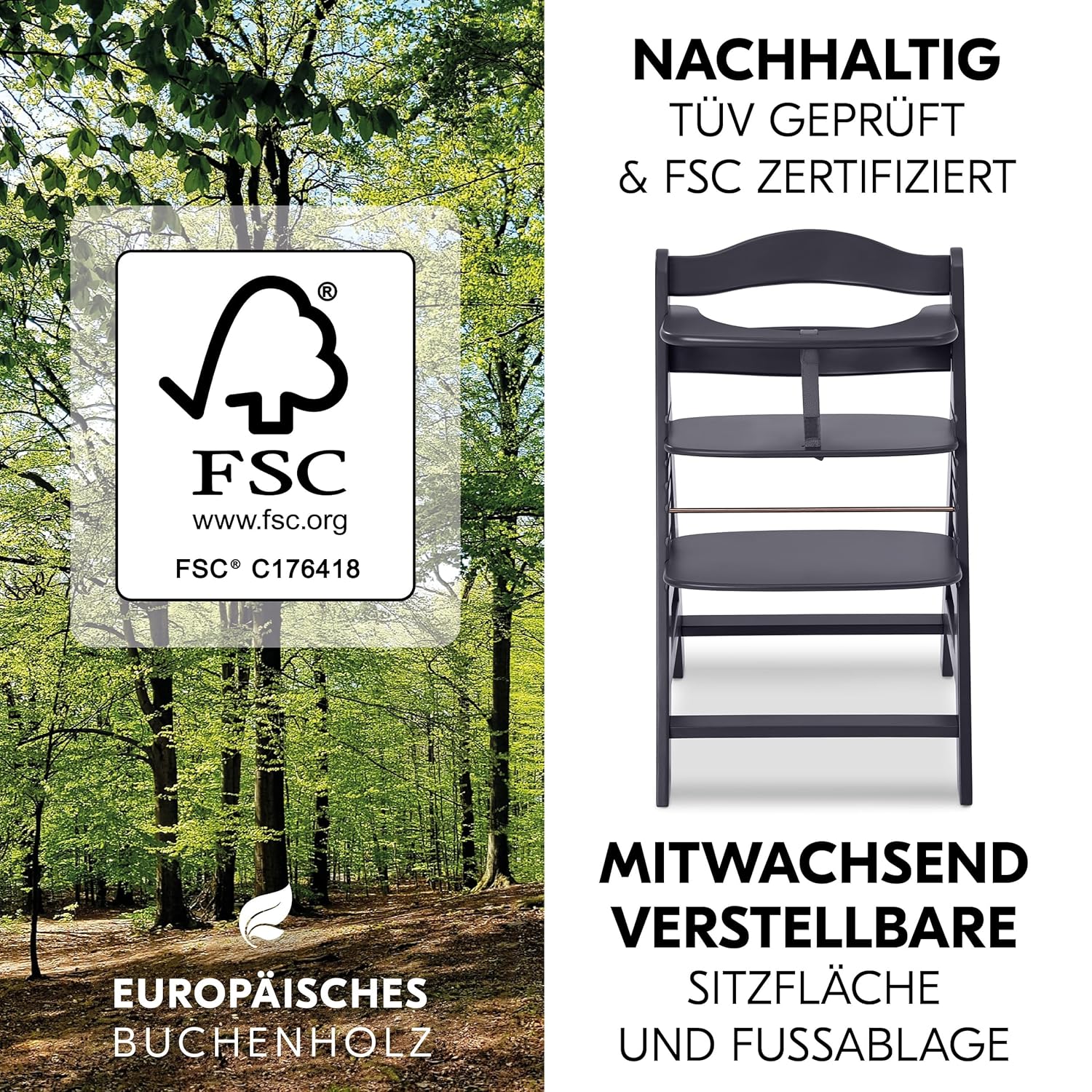 hauck Hochstuhl Alpha Plus Newborn Set mit 2in1 Bouncer - Mitwachsender Holz Babyhochstuhl ab Geburt, inkl. Sitzauflage & Neugeborenenaufsatz - Dark Grey