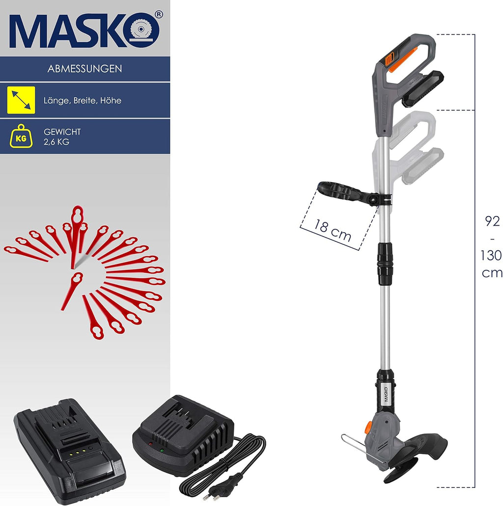 MASKO Decespugliatore a batteria con batteria al litio da 20 V, batteria da 2,0 Ah e caricabatterie, larghezza di taglio 26 cm, angolo di taglio 180°, manico telescopico e impugnatura aggiuntiva, incl. 20 lame in plastica, grigio
