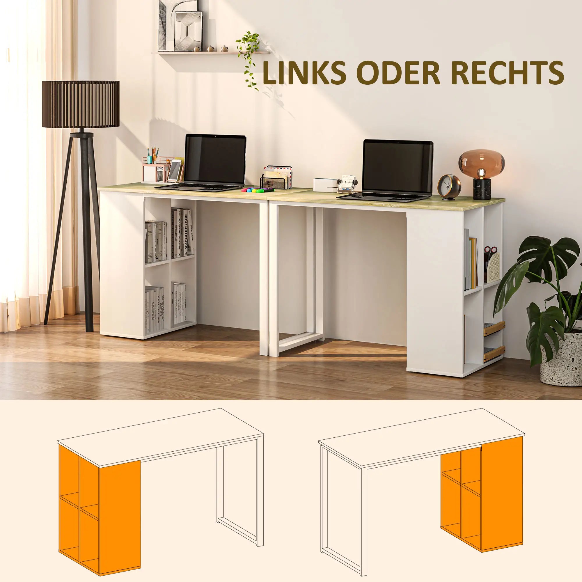 HOMCOM Scrivania da Ufficio Tavolo PC con 4 Ripiani Flessibili, Legno di Quercia