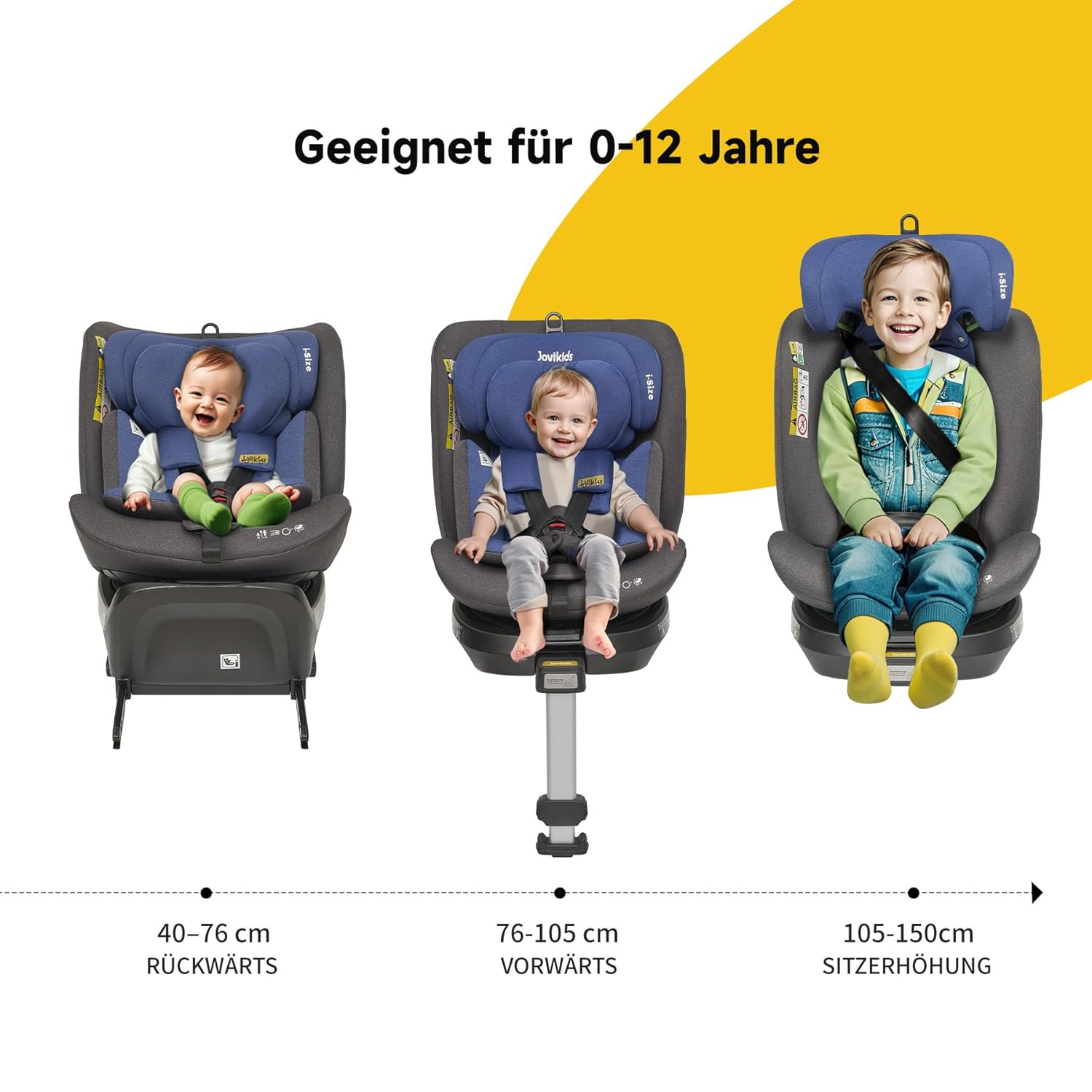 Jovikids 360° Drehbar Kindersitz mit ISOFIX, i-Size 40-150cm(ab Geburt -12 Jahre) Baby Autositz Reboarder mit Liegefunktion & Abnehmbar Vordach, ECE R129 (blau)