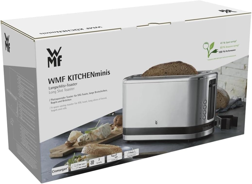 WMF Küchenminis Tostapane a fessura lunga con accessorio scaldabriosche, 2 fette, XXL, funzione bagel, 7 livelli di doratura, 900W, Tostapane acciaio inox opaco